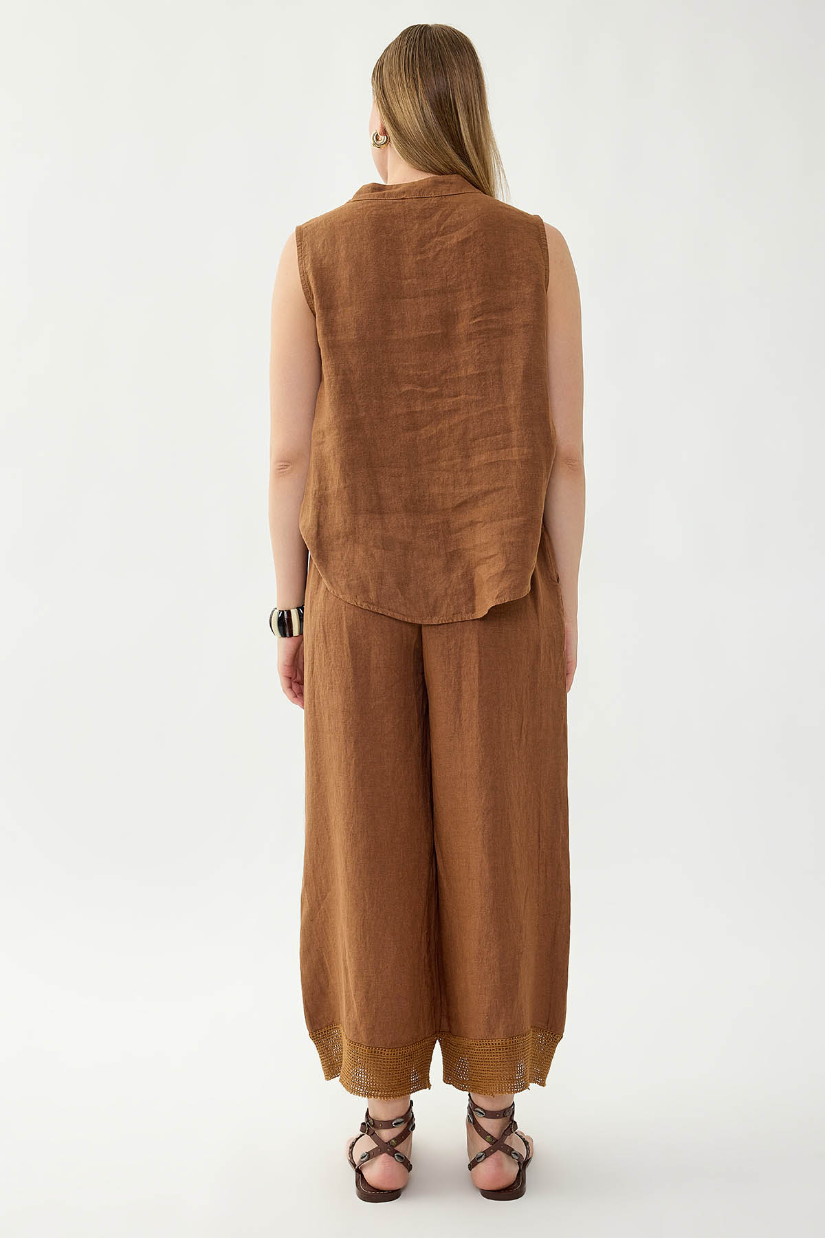 %100 Keten Beli Lastikli Paçası Fileli Pantolon - Thumbnail