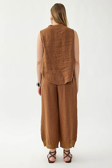 %100 Keten Beli Lastikli Paçası Fileli Pantolon - 7