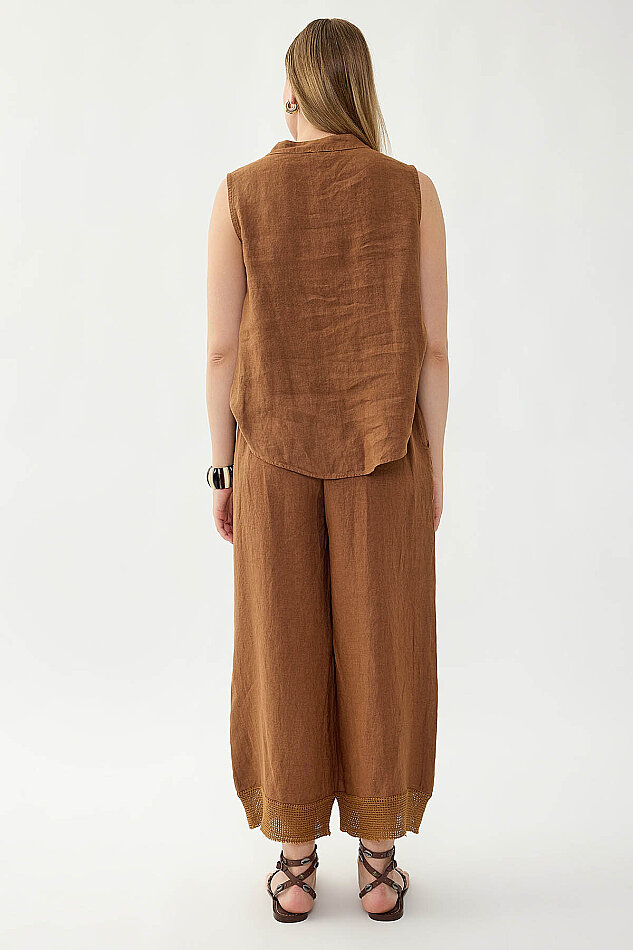 %100 Keten Beli Lastikli Paçası Fileli Pantolon - 7