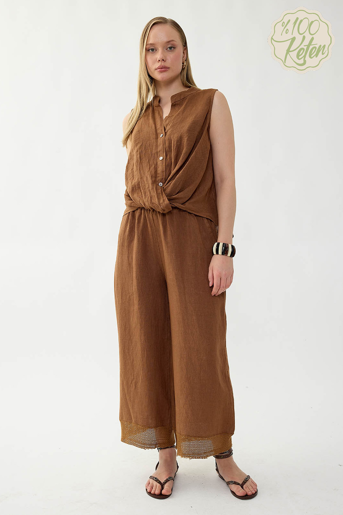 %100 Keten Beli Lastikli Paçası Fileli Pantolon - Thumbnail