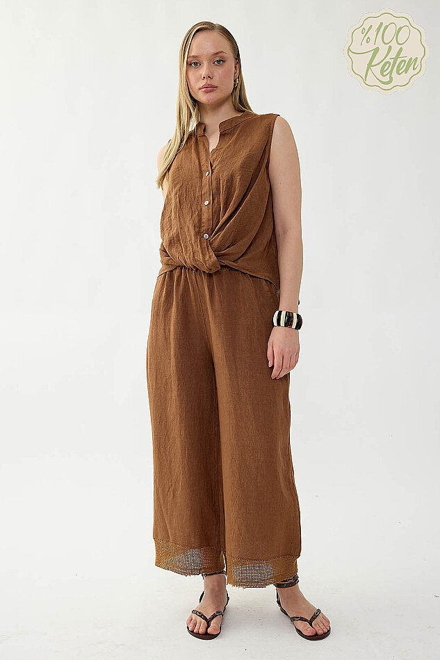 %100 Keten Beli Lastikli Paçası Fileli Pantolon - 3