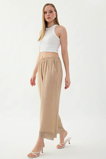 %100 Keten Beli Lastikli Paçası Fileli Pantolon - 10