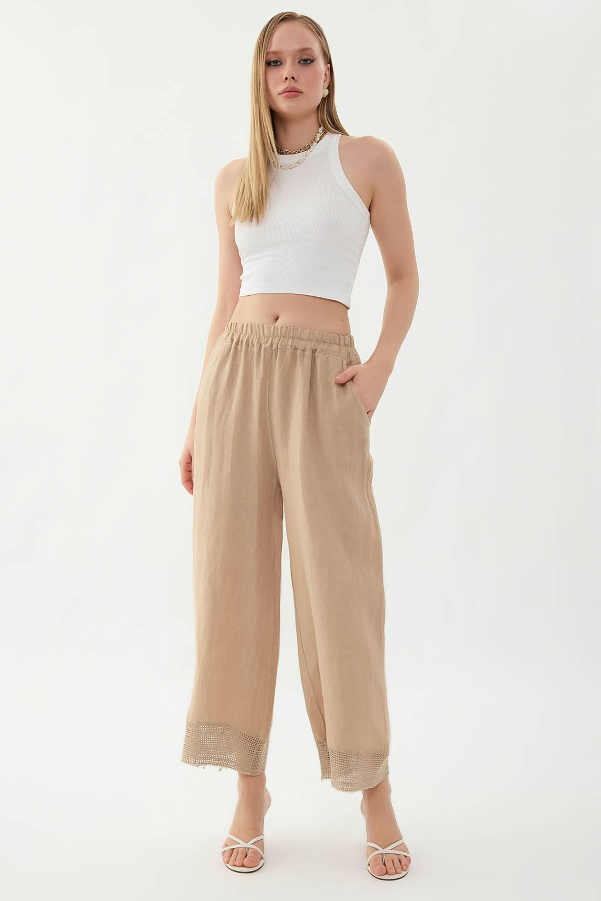 %100 Keten Beli Lastikli Paçası Fileli Pantolon - Thumbnail