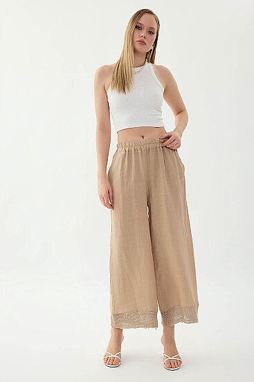 %100 Keten Beli Lastikli Paçası Fileli Pantolon - 12