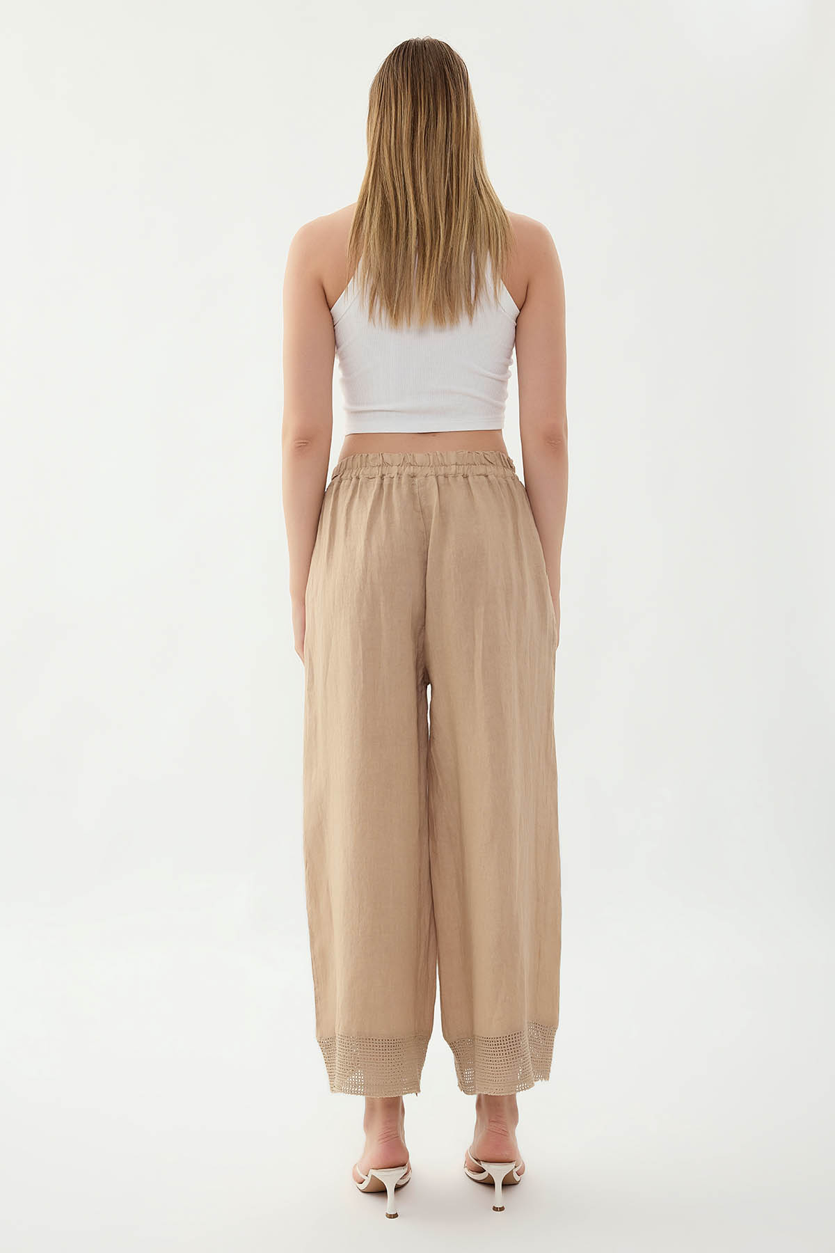 %100 Keten Beli Lastikli Paçası Fileli Pantolon - Thumbnail