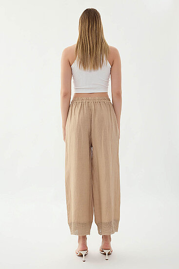 %100 Keten Beli Lastikli Paçası Fileli Pantolon - 13