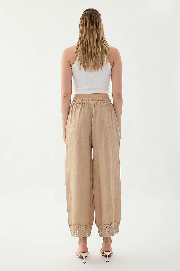 %100 Keten Beli Lastikli Paçası Fileli Pantolon - 13