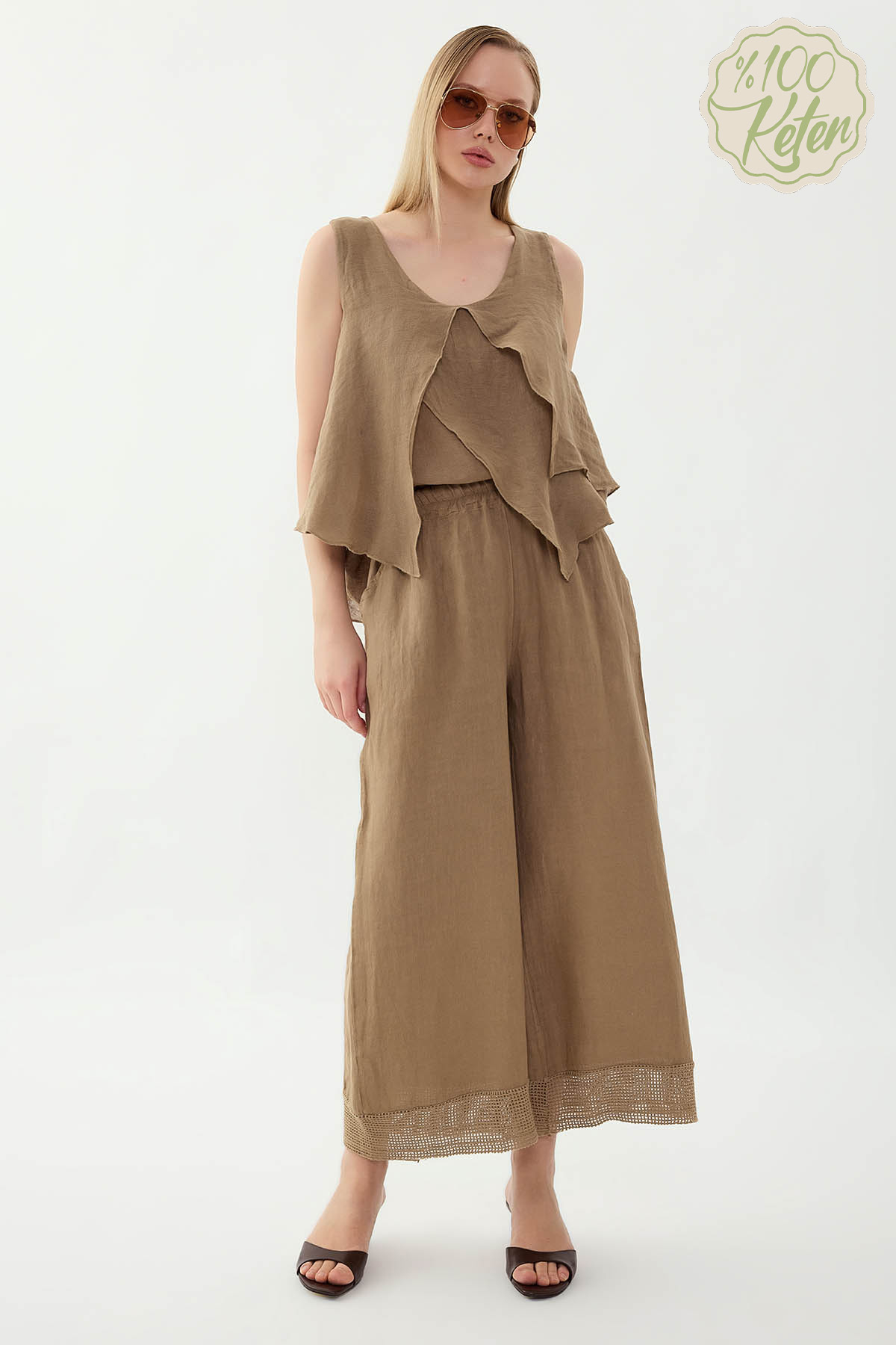 %100 Keten Beli Lastikli Paçası Fileli Pantolon - Thumbnail