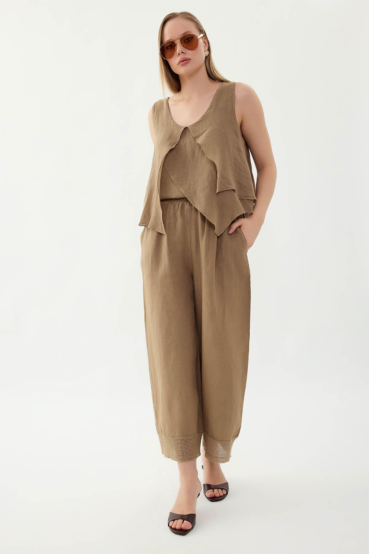 %100 Keten Beli Lastikli Paçası Fileli Pantolon - Thumbnail