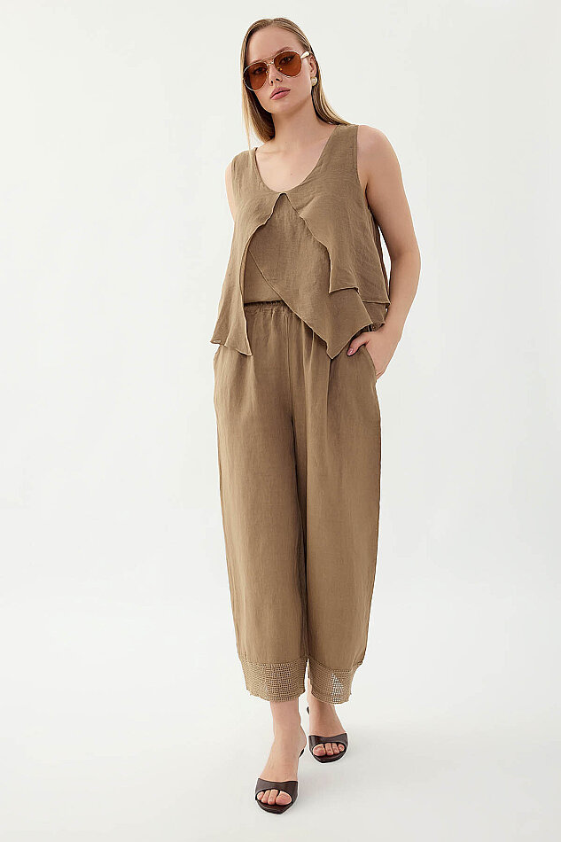 %100 Keten Beli Lastikli Paçası Fileli Pantolon - 16