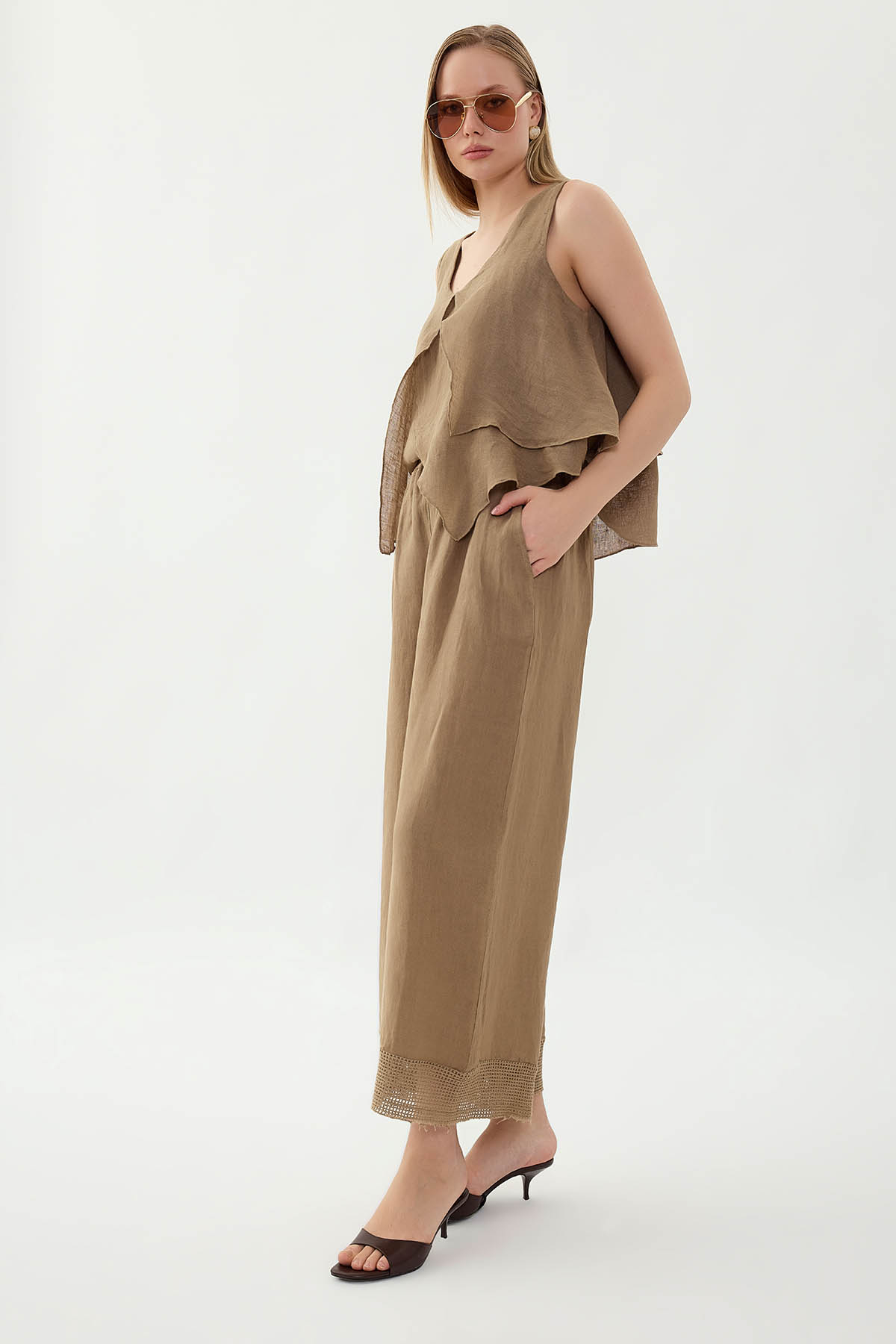 %100 Keten Beli Lastikli Paçası Fileli Pantolon - Thumbnail