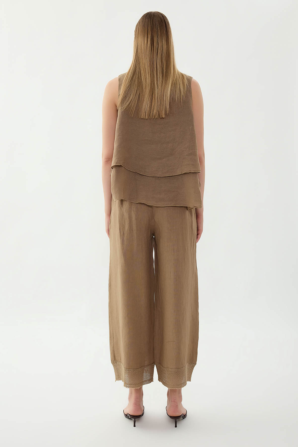 %100 Keten Beli Lastikli Paçası Fileli Pantolon - Thumbnail