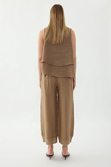 %100 Keten Beli Lastikli Paçası Fileli Pantolon - 18