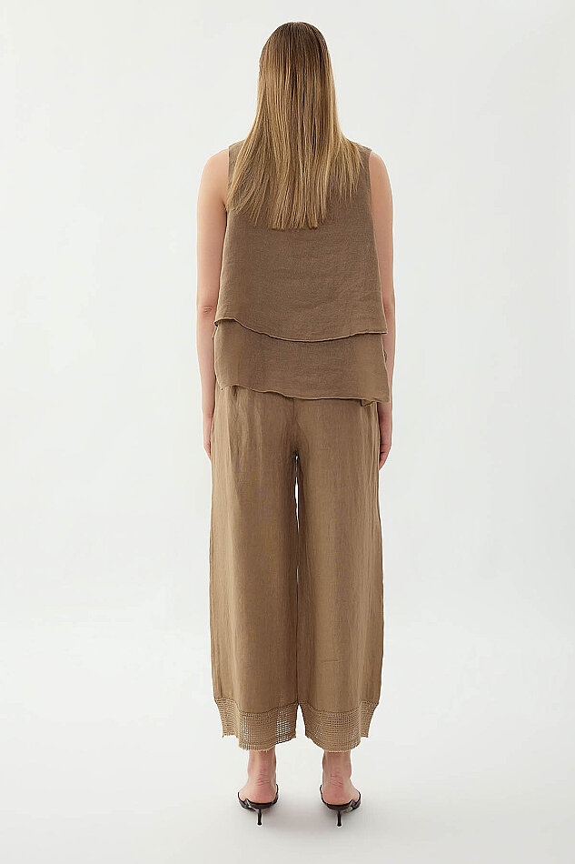 %100 Keten Beli Lastikli Paçası Fileli Pantolon - 18