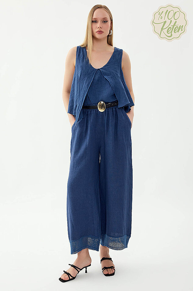 %100 Keten Beli Lastikli Paçası Fileli Pantolon - 20