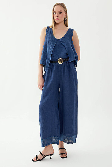 %100 Keten Beli Lastikli Paçası Fileli Pantolon - 21