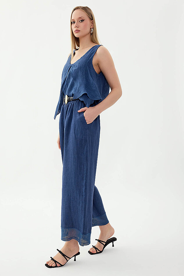 %100 Keten Beli Lastikli Paçası Fileli Pantolon - 22