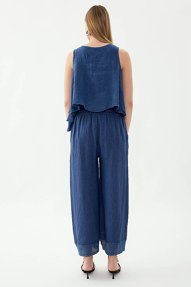 %100 Keten Beli Lastikli Paçası Fileli Pantolon - 24