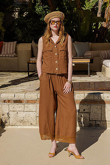 %100 Keten Beli Lastikli Paçası Fileli Pantolon - 2