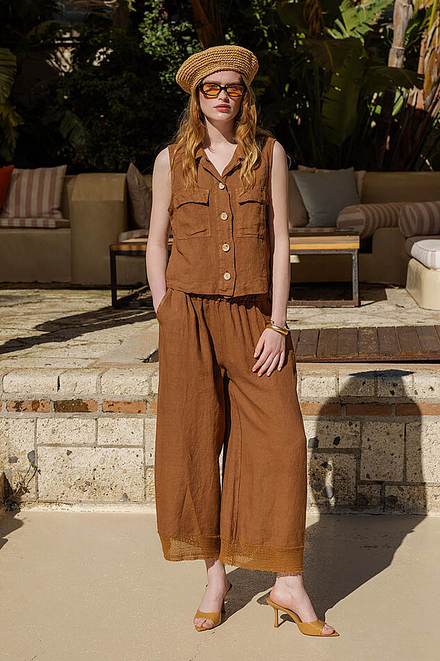 %100 Keten Beli Lastikli Paçası Fileli Pantolon (1)