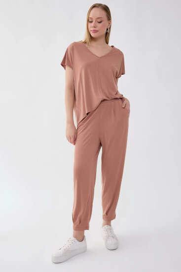 Beli Lastikli Paçası Pileli Havuç Rahat Pantolon - 9