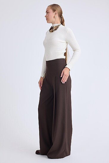 Beli Lastikli Pileli Geniş Paça Pantolon - 3