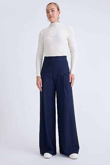 Beli Lastikli Pileli Geniş Paça Pantolon - 5