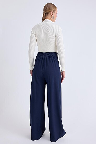 Beli Lastikli Pileli Geniş Paça Pantolon - 8