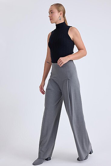 Beli Lastikli Pileli Geniş Paça Pantolon - 14