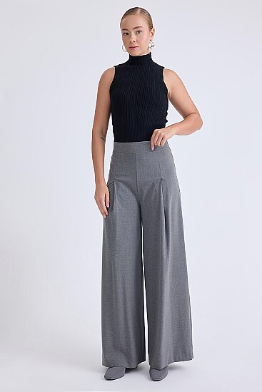 Beli Lastikli Pileli Geniş Paça Pantolon - 13