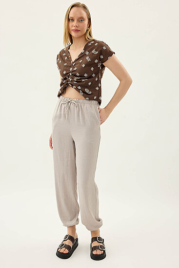 Beli Lastikli Saten Şalvar Pantolon - 3