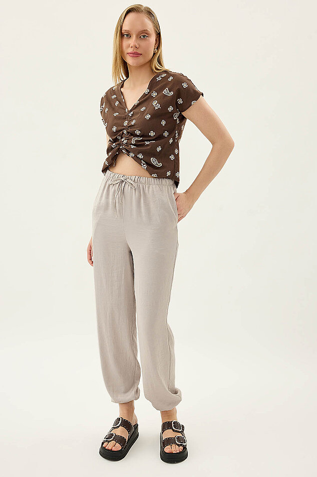 Beli Lastikli Saten Şalvar Pantolon - 3