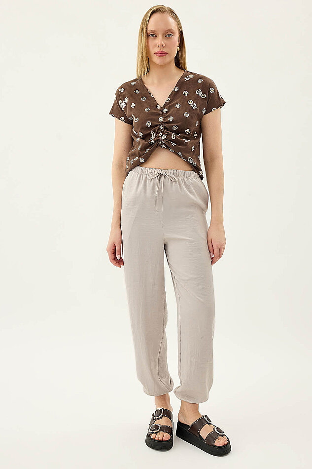 Beli Lastikli Saten Şalvar Pantolon - 1