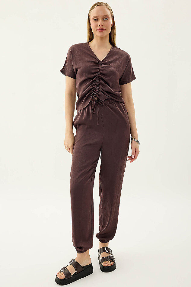 Beli Lastikli Saten Şalvar Pantolon - 11