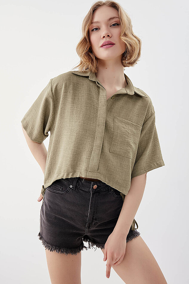 Beli Lastikli Tek Cep Crop Gömlek - 15