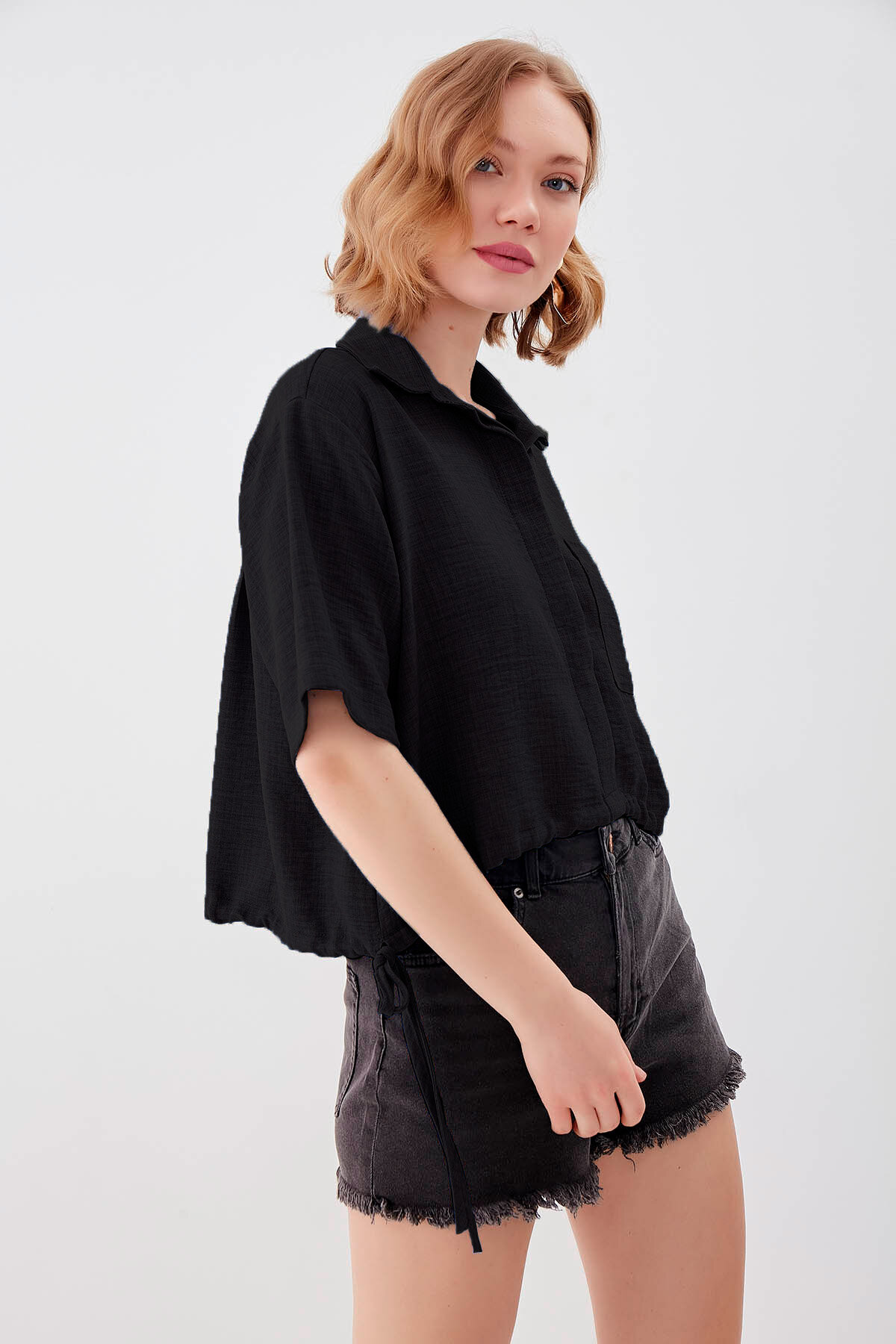 Beli Lastikli Tek Cep Crop Gömlek - Thumbnail