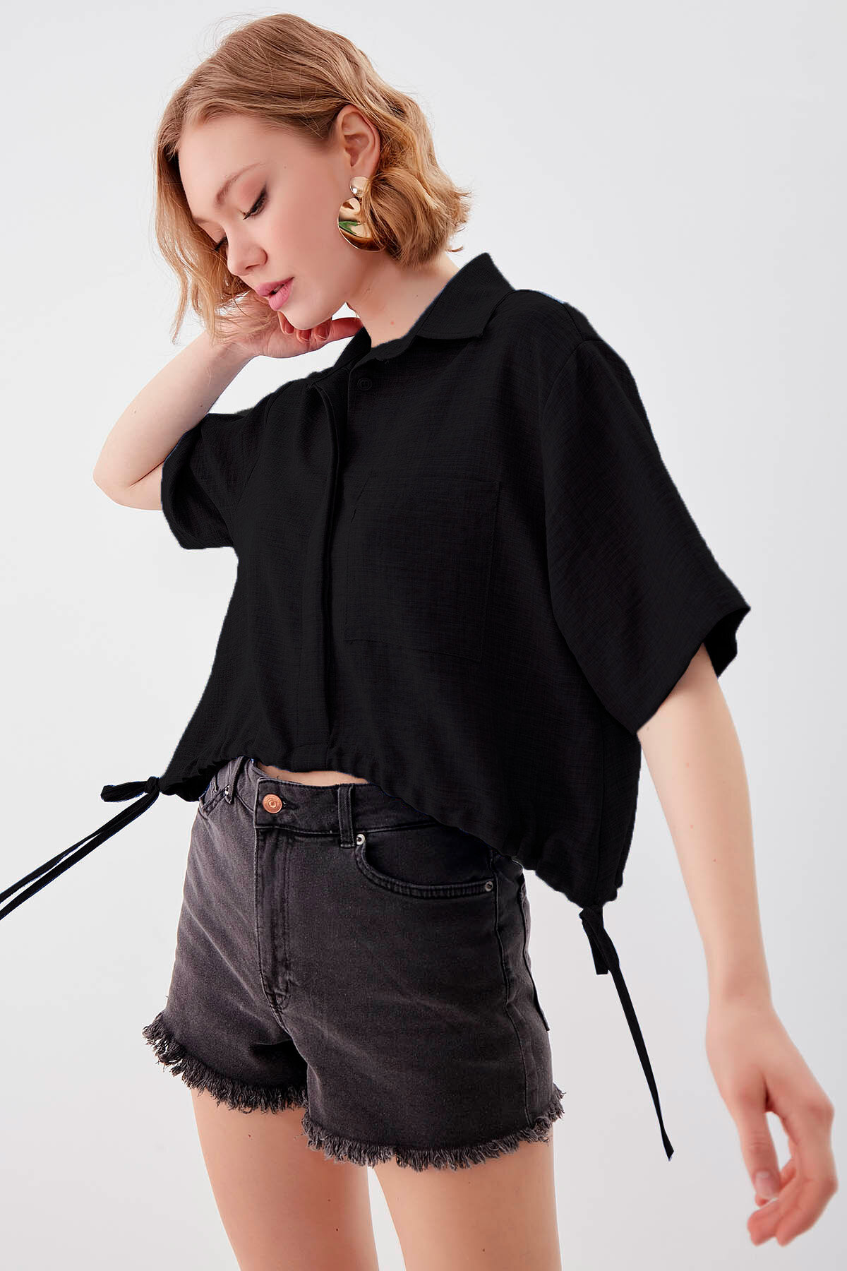 Beli Lastikli Tek Cep Crop Gömlek - Thumbnail