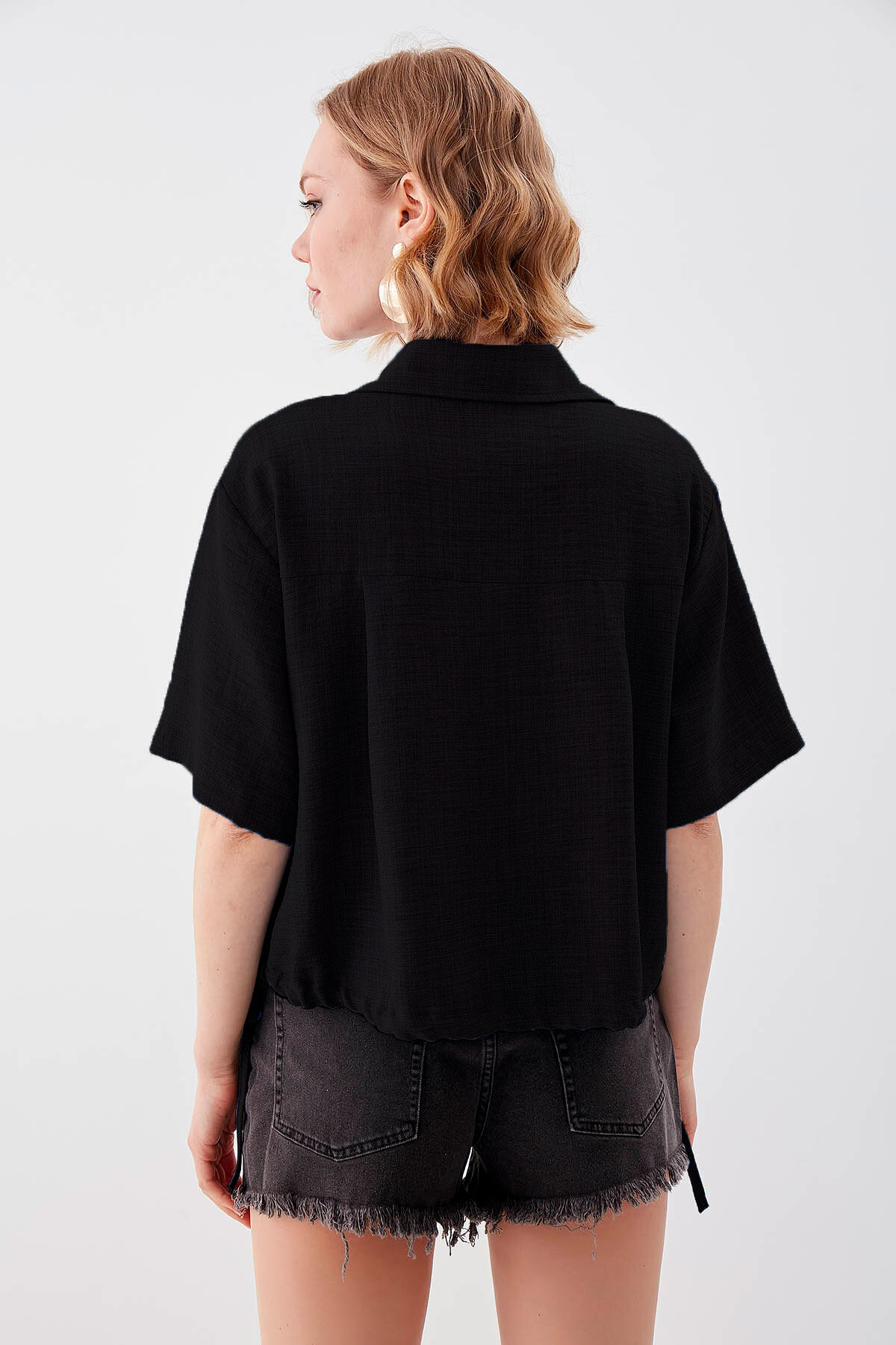 Beli Lastikli Tek Cep Crop Gömlek - Thumbnail