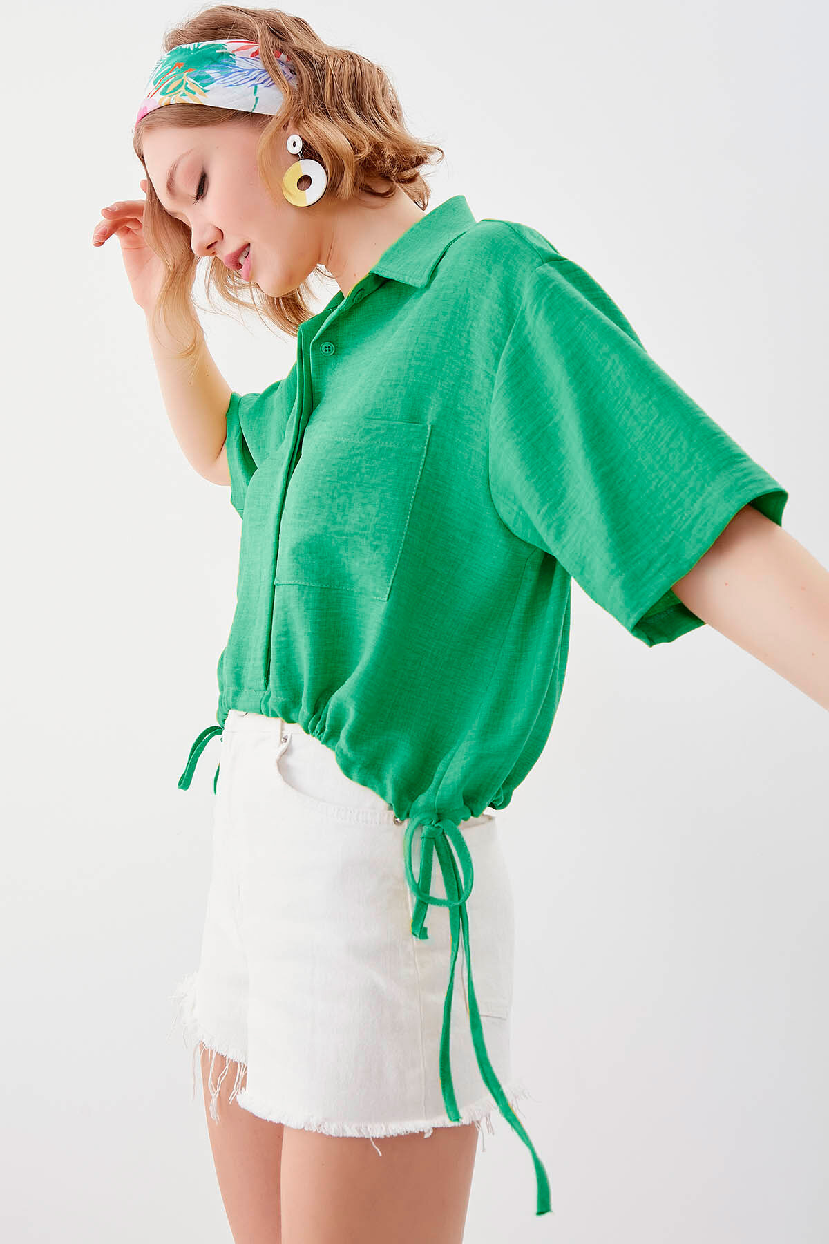 Beli Lastikli Tek Cep Crop Gömlek - Thumbnail