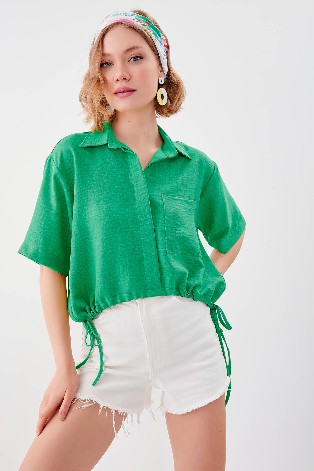 Beli Lastikli Tek Cep Crop Gömlek - Thumbnail