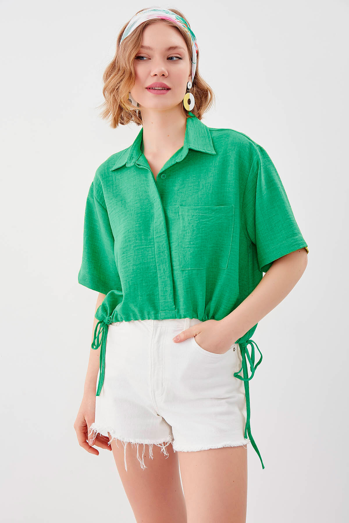 Beli Lastikli Tek Cep Crop Gömlek - Thumbnail