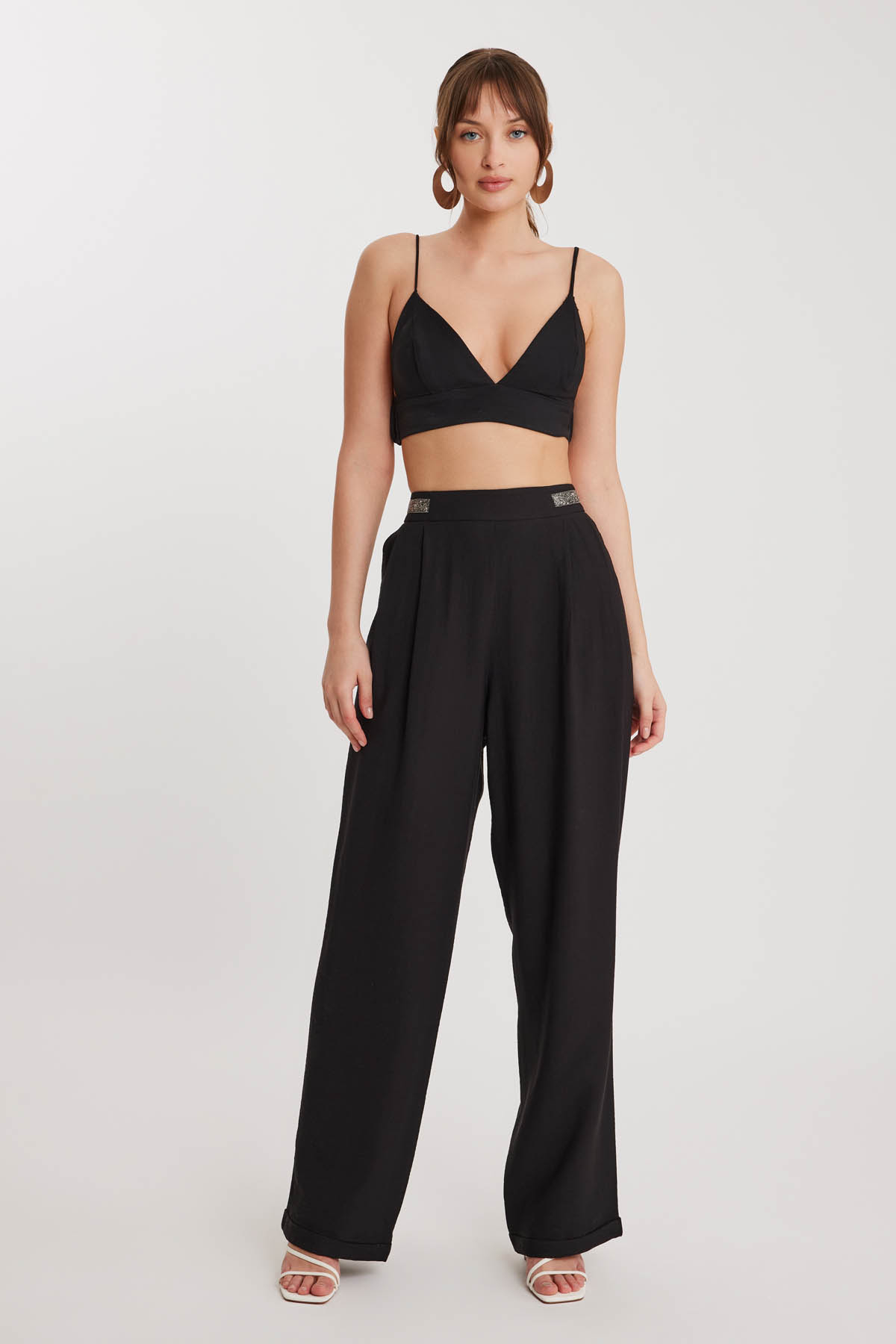 Beli Taş Detaylı Pileli Pantolon - Thumbnail