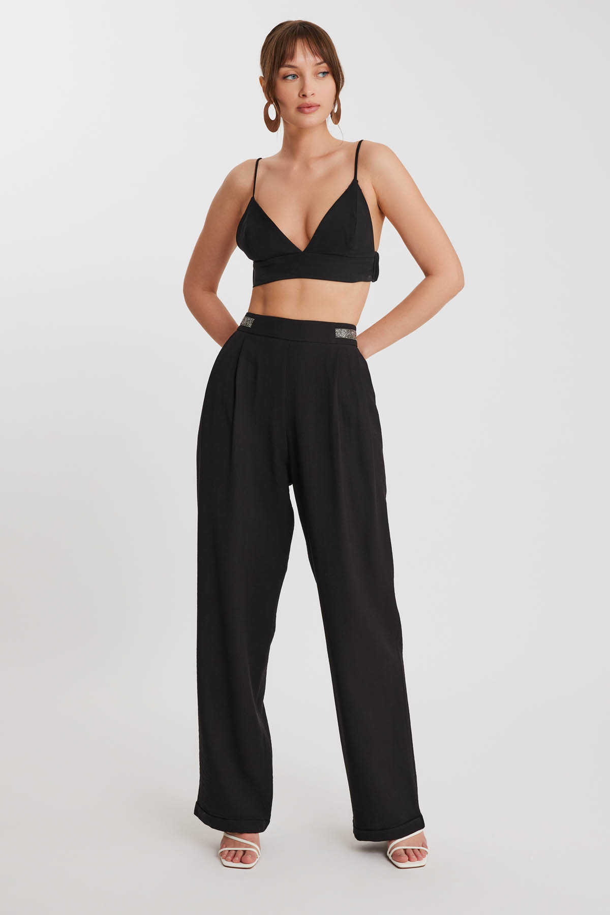 Beli Taş Detaylı Pileli Pantolon - Thumbnail