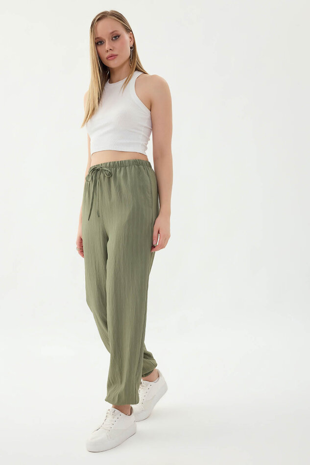 Beli ve Paçası Lastikli Çizgi Desen Şalvar Pantolon - 4