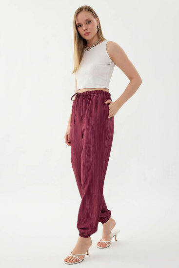 Beli ve Paçası Lastikli Çizgi Desen Şalvar Pantolon - 8