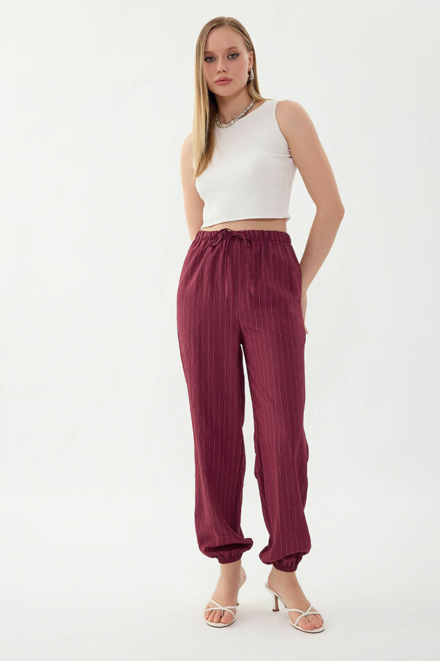 Beli ve Paçası Lastikli Çizgi Desen Şalvar Pantolon - 9