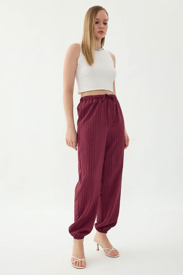 Beli ve Paçası Lastikli Çizgi Desen Şalvar Pantolon - 10