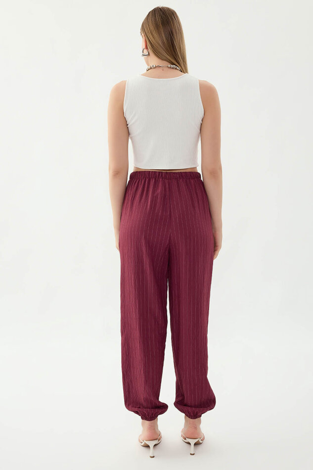 Beli ve Paçası Lastikli Çizgi Desen Şalvar Pantolon - 11