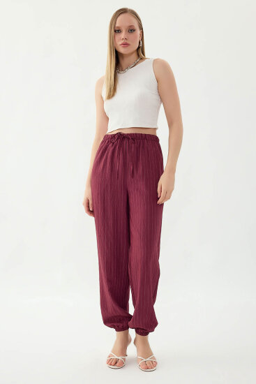 Beli ve Paçası Lastikli Çizgi Desen Şalvar Pantolon - 7