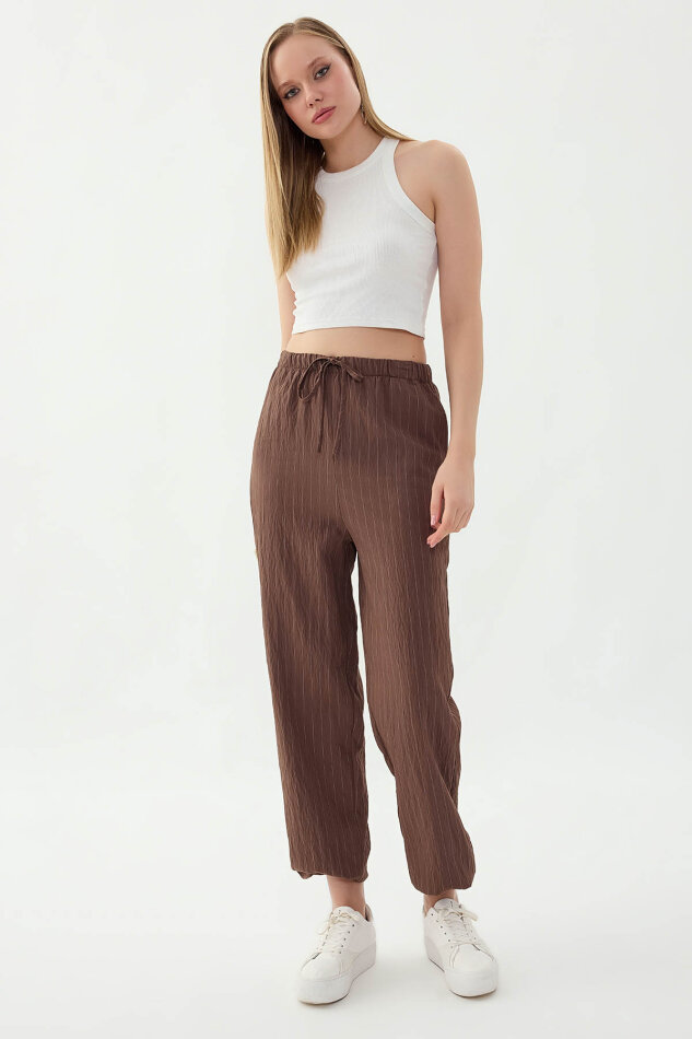 Beli ve Paçası Lastikli Çizgi Desen Şalvar Pantolon - 14